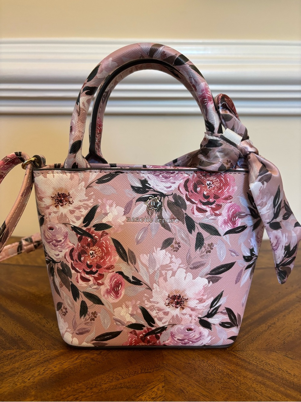 Nanette Lepore Blush Pink Floral Mini Tote with Bow Scarf